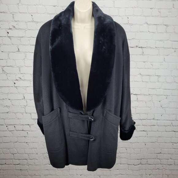 VTG Portrait Black Wool Blend Faux Fur Trim Buttoned Lined Over Coat Size 14 - Picture 1 of 13